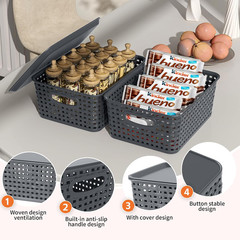 Stackable Grey Plastic Storage Baskets with Lids – 6 Pack Organizer Bins