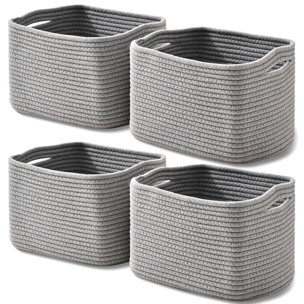Small Storage Baskets Woven Cotton Rope Shelf Book Bin Grey 12.5×9.1×7.9 4 Pack