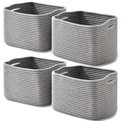Small Storage Baskets Woven Cotton Rope Shelf Book Bin Grey 12.5×9.1×7.9 4 Pack