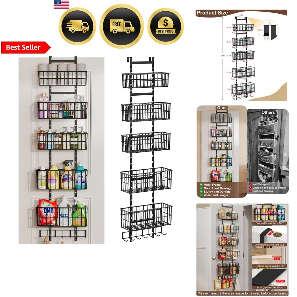Adjustable Over The Door Organizer Metal Hanging Shelf with Baskets and Hooks