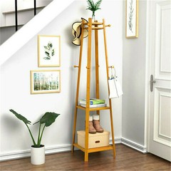 Bamboo Clothes Rail Stand Coat Rack with 2 Ladder Shelves w/Hooks Hallway Sturdy