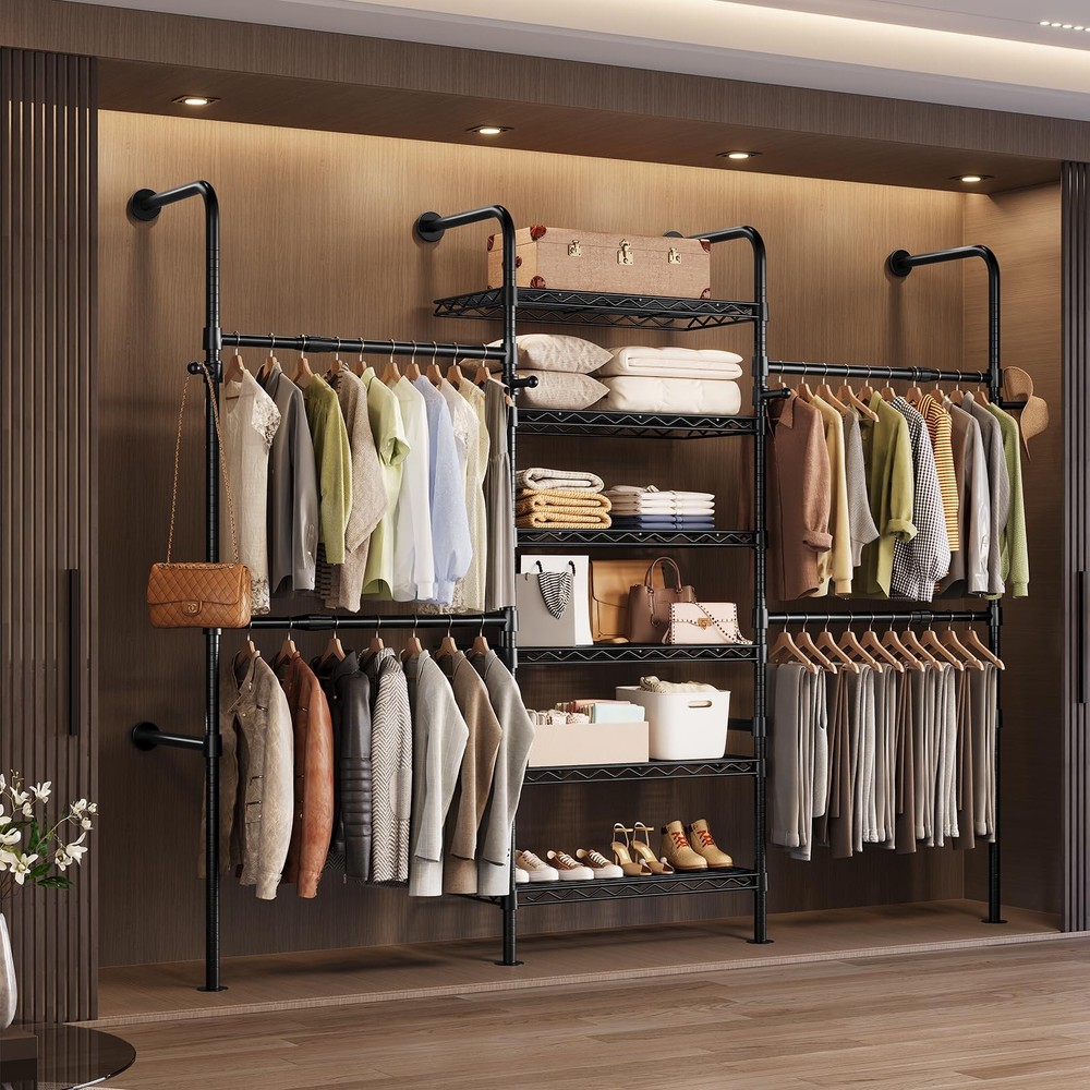 Wall Mounted Closet System, Heavy Duty 3-Row Clothes Rack, Expandable Industr…