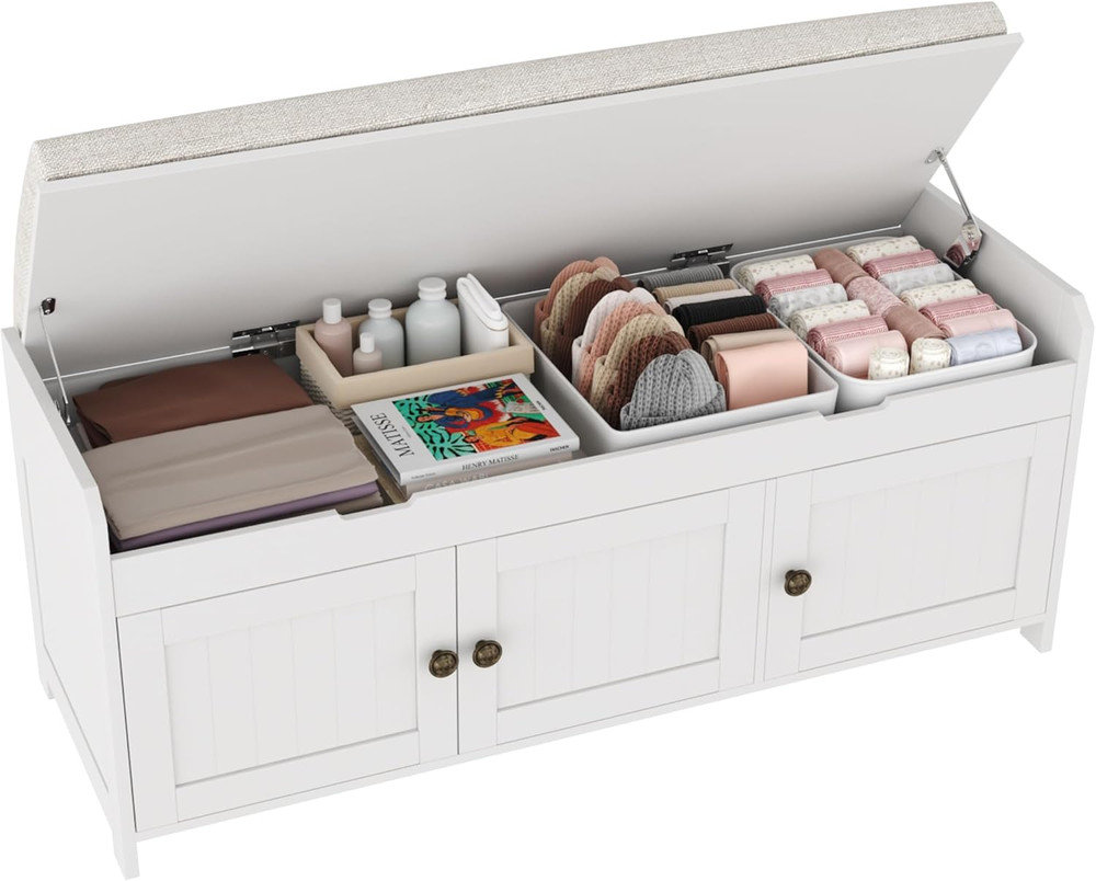 Stylish 41.3″ Shoe Bench with Lift Top Storage & Cushioned Seat, White