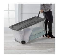 Extra Large 160 Quart Wheeled Bin 2 Pack Clear Latch Lid Pull Handle Gray