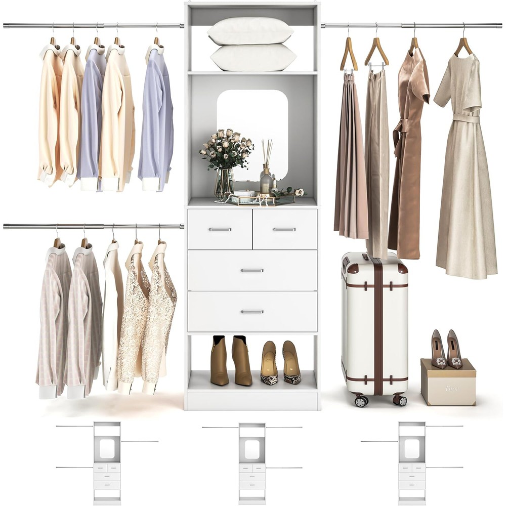 48″-96” Extendable Walk in Closet Organizer System with 4 Drawers ＆ Hanging Rods