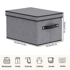 Fabric Storage Bin Lid Foldable Box Shelves Handles Linen Gray 7.1×9.1×13 Inch