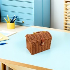 Traditional Style Light Brown Woven Mahjong Storage Box with Handle and Lid