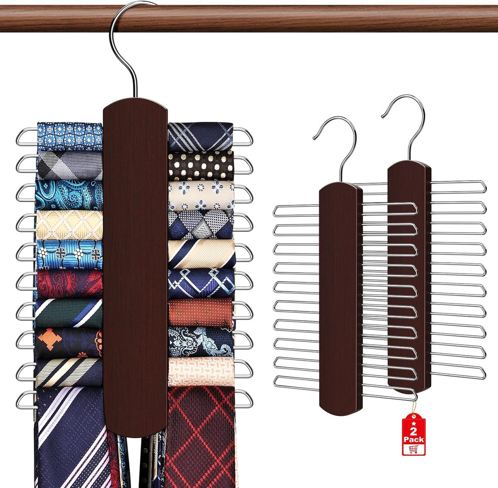 2 Pack Wooden Tie Rack Closet Organizer 360° Swivel Hanger