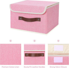 Small Lidded Storage Bin, Cotton Linen with Faux Leather Handle