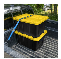 Sterilite 27 Gal Large Storage Bin Tote Snap-On Lid Black Yellow 6 Pack NEW !!