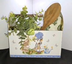 Vintage Holly Hobbie Metal Tin Storage Caddy Totes Wooden Handle 1970s Organizer