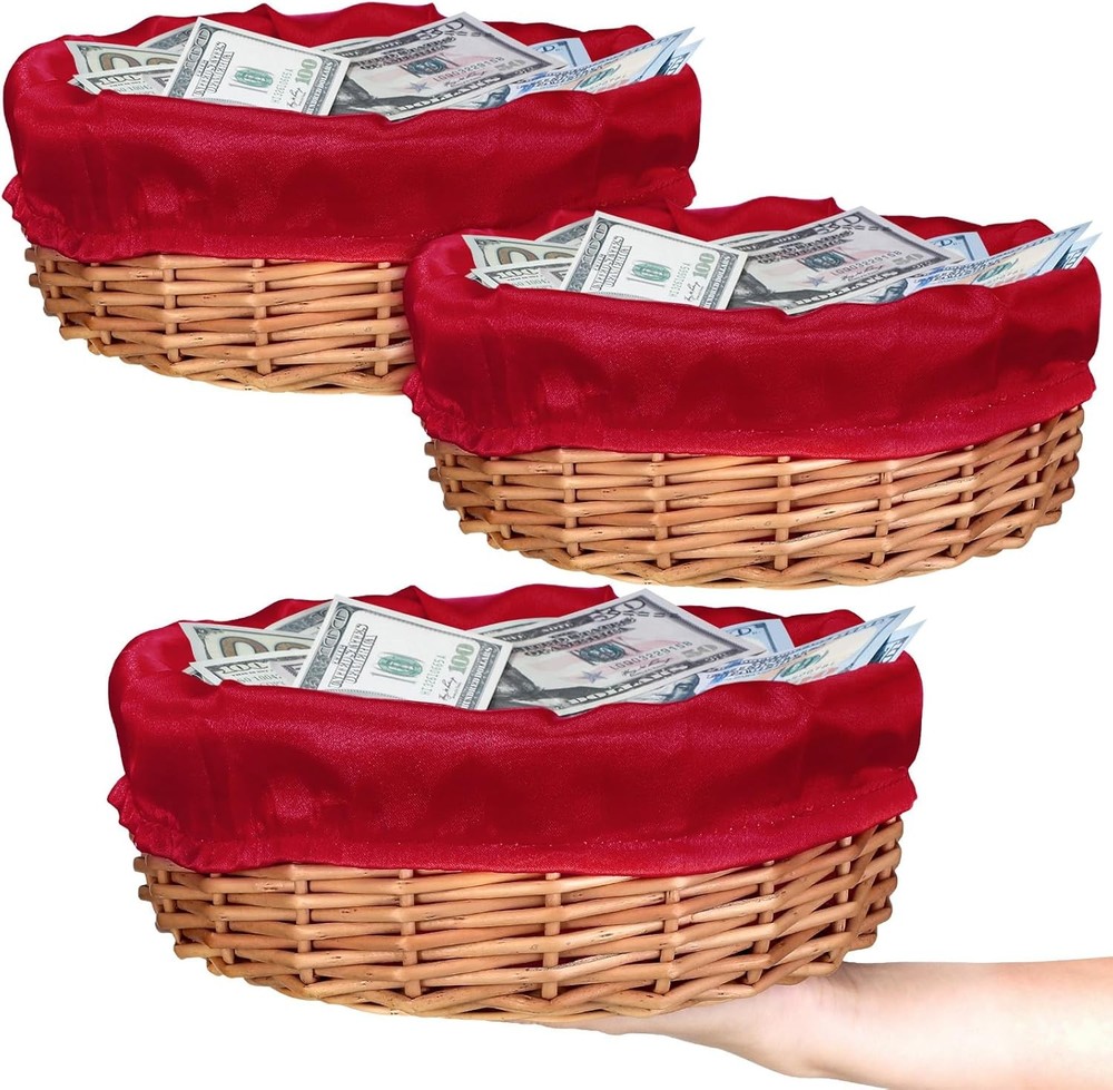 3 Pack 9.1 Inch Round Offering Baskets for Church Wicker Offering Basket with