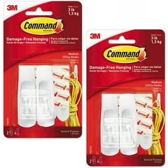 2 Packs 3M Command 2 Medium Utility Hooks & 4 Adhesive Strips Per Pack Max 3 lb