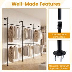 Industrial Pipe Clothing Rack, Wall Mounted Heavy-Duty Metal Garment Organizer