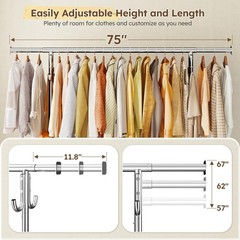 Heavy Duty Clothes Rack 75″ Extra Wide, 450 LBS Clothing Rack with 4 Hooks