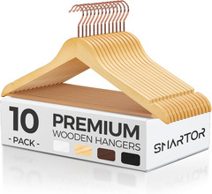10-Pack Solid Wood Hangers with 360° Rose Gold Hook & Non-Slip Pant Bar