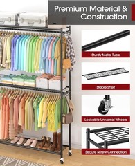 Sakugi Clothes Rack, Heavy-Duty Garment Rack with Shelves & Wheels, Freestanding