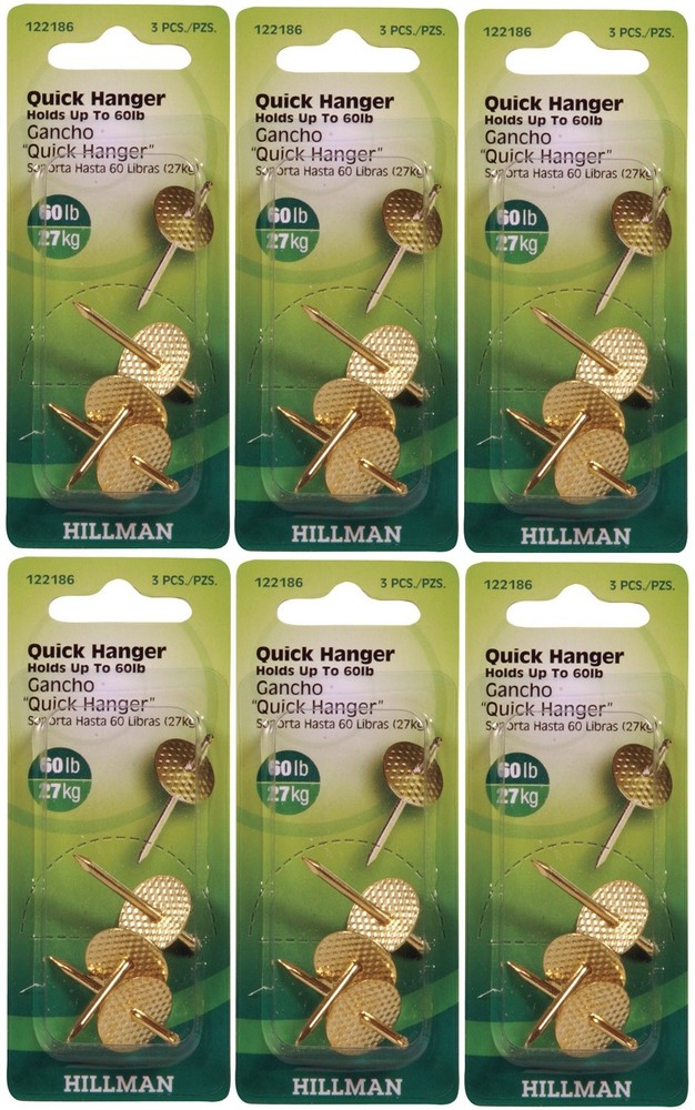6 Hillman AnchorWire 60 lb. Brass One Piece Quick Wall Hanger Picture 3pk 122186