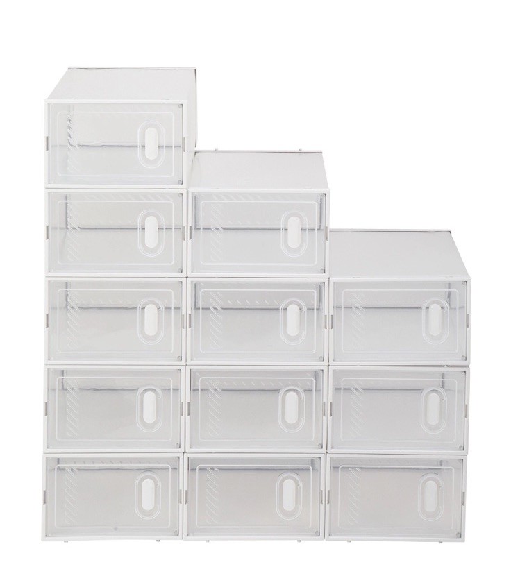 Stackable (12 Pack) White Shoe Storage Organizer Boxes with Magnetic Doors