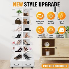 8-Tier Rotating Shoe Rack with 2 Drawers & 5 Wheels – 360° Storage Carousel
