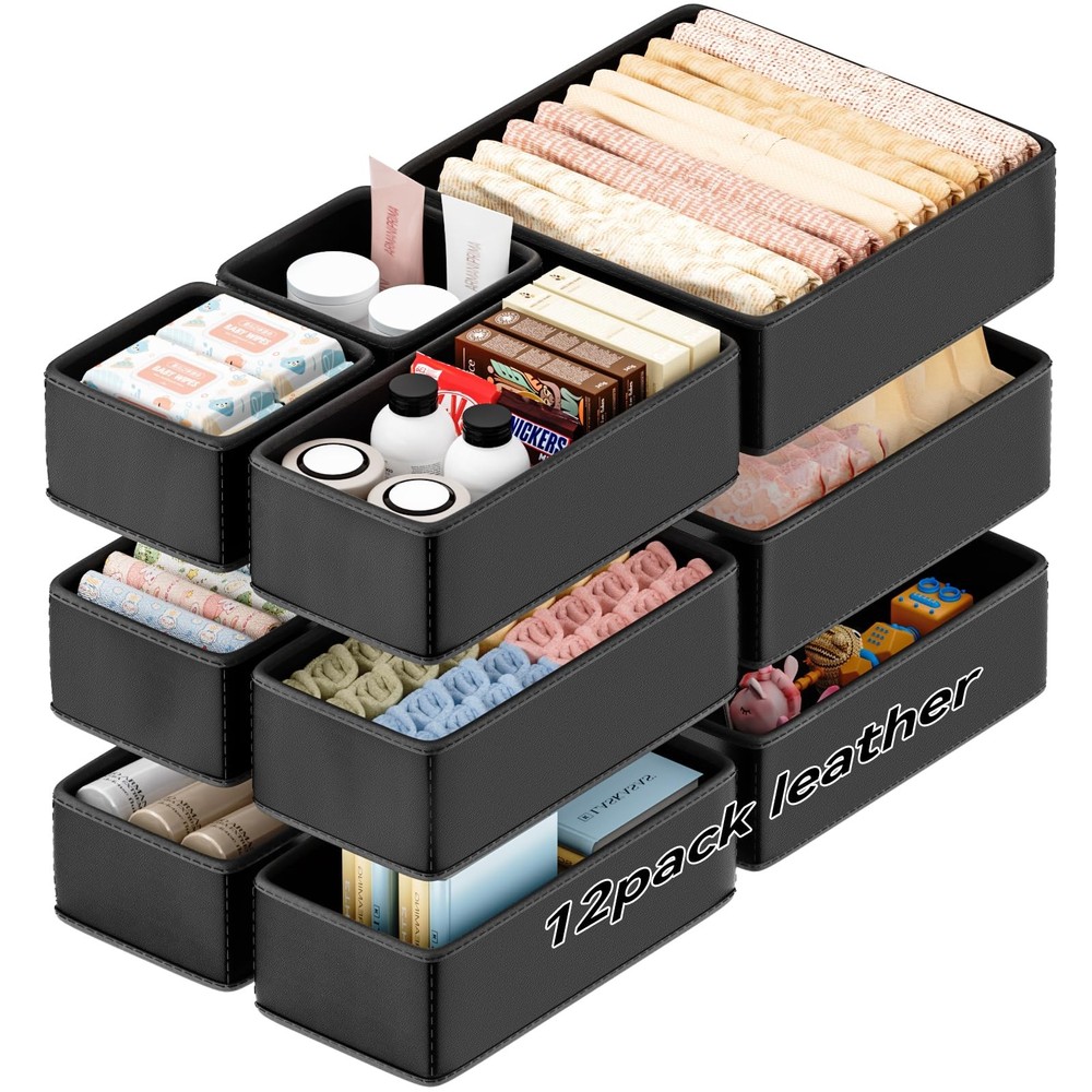 Vegan Leather Drawer Organizers,12 Pack Makeup Storage boxes,Vanity Drawer Lu…