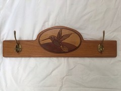 Handmade Solid Wood Coat Rack Inlaid Marquetry Hummingbird 2-Hooks