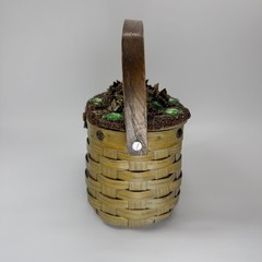 Vintage Jolles Original Woven Basket Gem Flowers Wood Handle
