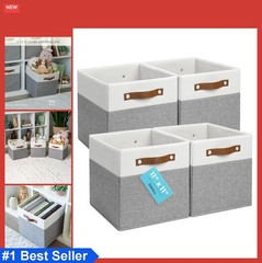 Cube Storage Bins Set of 4 Fabric 11 Inch Odor Free Vegan Leather Handles