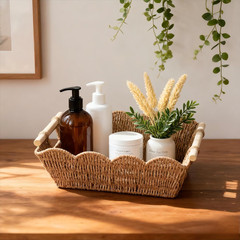 Hand Woven Scalloped Storage Baskets with Wooden Handle – Set of 2