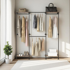 Black Industrial Pipe Wall-Mounted Clothing Rack with Adjustable Shelves