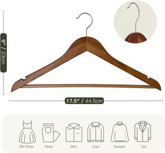 30 Pack Heavy Duty Wooden Hangers with Pant Bar & 360° Hook – Walnut Finish