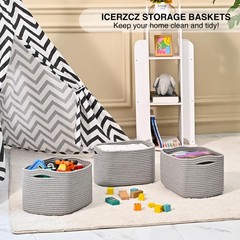 Small Storage Baskets Woven Cotton Rope Shelf Book Bin Grey 12.5×9.1×7.9 4 Pack