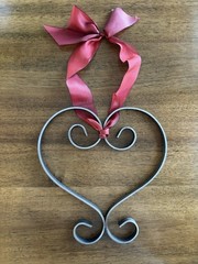 Heart-Shaped Metal Hanging Decor w/ Red Ribbon, 9.25”x8.75″