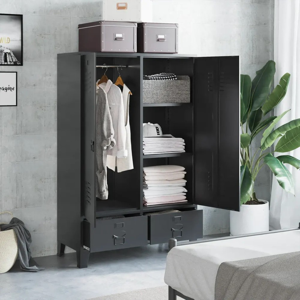 vidaXL Steel Wardrobe Black Industrial 354 x 157 x 551 Inch Storage Cabinet
