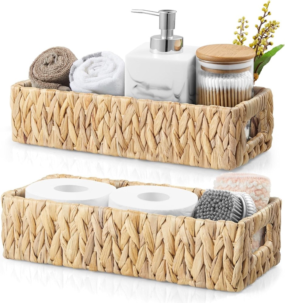Toilet Basket Tank Topper Set of 2 Water Hyacinth Wicker Bathroom Storage
