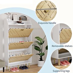 MODERN SHOE CABINET ORGANIZER WITH 3 FLIP DRAWERS ADJUSTABLE SHELVES SIDE HOOKS