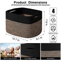 Small Storage Baskets Organizing Shelves Cotton Rope Toy Black 12.7×9.1 4 PCS