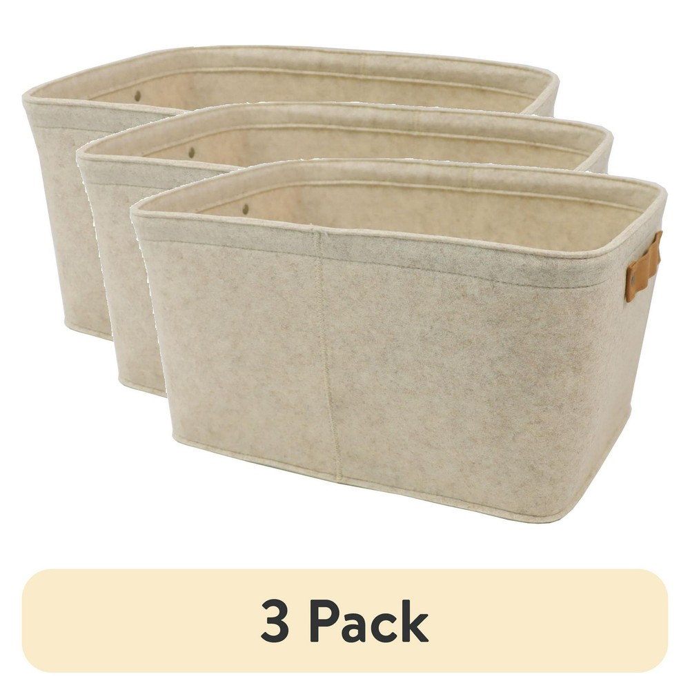 3 pack Mainstays Medium Felt Decorative Storage Basket with Faux Leather Handl