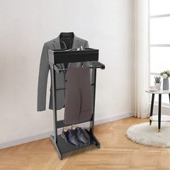 Suit Valet Stand Clothes Storage Shoe Organizer Coat Hanger Shoe Rack Black