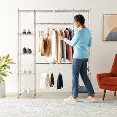 Expandable Adjustable Metal Closet Organizer with Hanging Rod, Clothes Rack, She