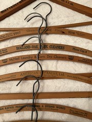 Ten Vintage Wooden Advertising Clothes Hangers, Metal Hooks, Traditional 16in