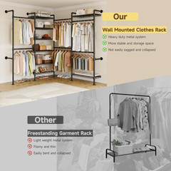 L4 Wall Mounted Industrial Pipe Clothing Rack, Closet Organizer System with 6 Ha