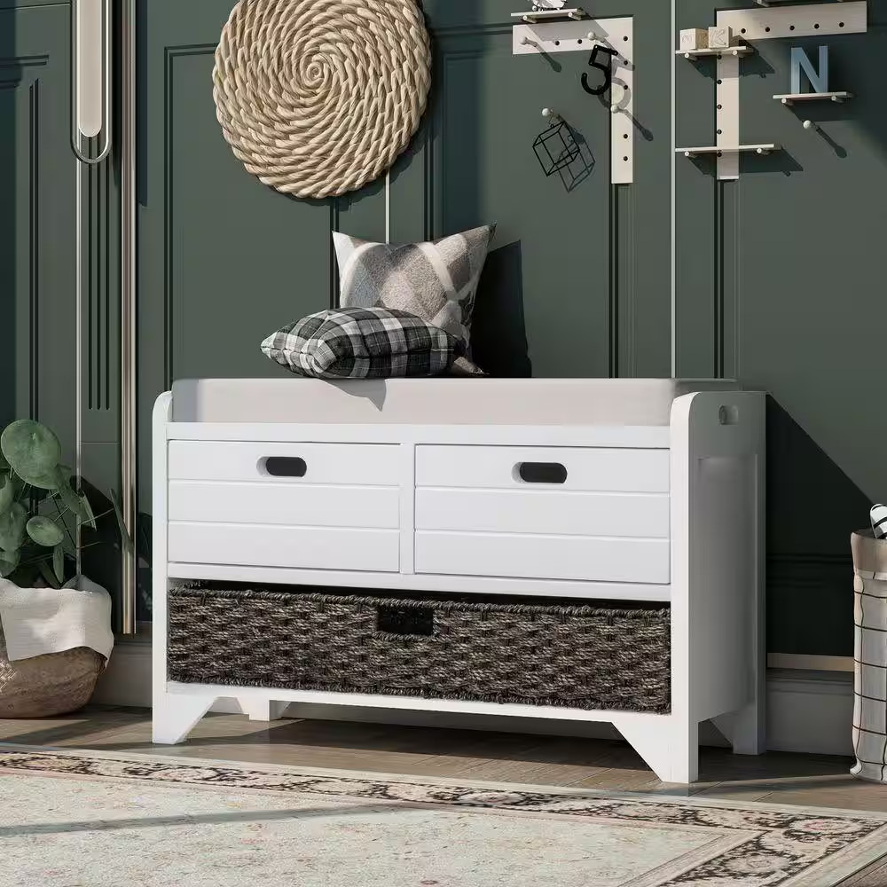 20 In. H X 32 In. W White Soild Wood Shoe Storage Bench with Removable Basket an