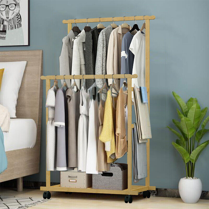 XXL Heavy Duty Bamboo Clothes Rail Garment Stand Hanging Rack with Rolling Wheel