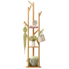 Solid Bamboo Hall Tree 10 Hook Clothes Coat Rack 3Tier Corner Home Garment Shelf