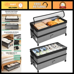 Under Bed Storage Containers with Wheels – 2 Pack, Height-Adjustable Shoe & Clot