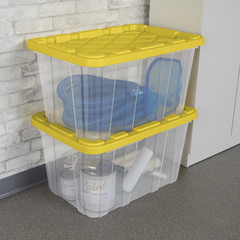 Sterilite 27 Gallon Industrial Storage Tote Bin Clear / Yellow Lid, 4 Pack