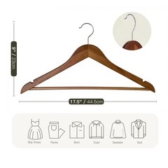 Wooden Hangers 10 Pack: Solid Shirt Hangers with Pants Bar, Heavy Duty & Slim…