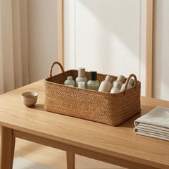Handwoven Straw Container Braided Woven Basket Tan-Brown for Shelf, Cabinet