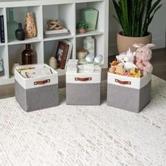 Cube Storage Bins Set of 4 Fabric 11 Inch Odor Free Vegan Leather Handles